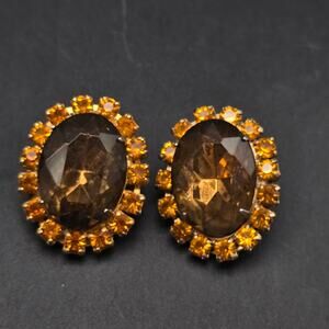 Rootbeer Orange Yellow Rhinestone Clip On Oval Earrings Vintage Glam Jewelry